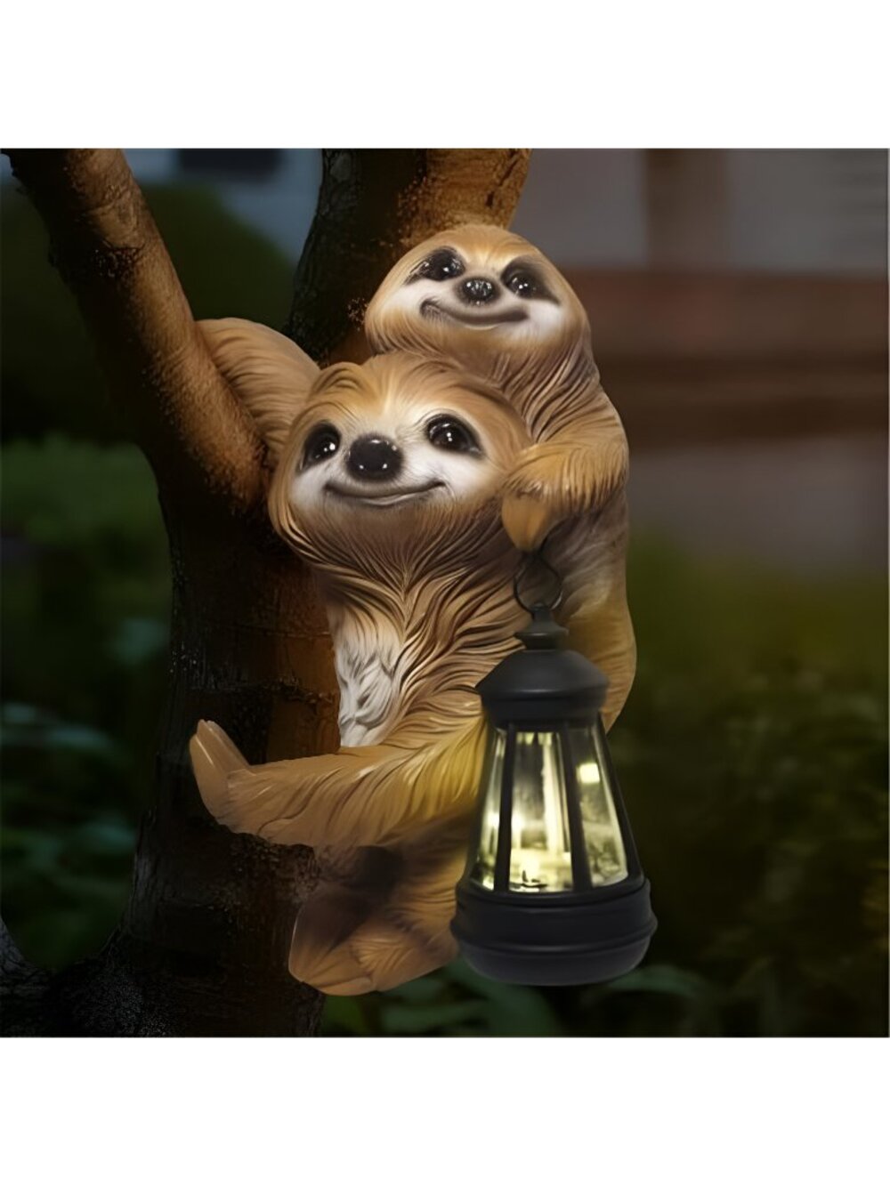 Solar Garden Decor: 9.8-inch Parent-Baby Sloth Resin Garden Statue w/Solar